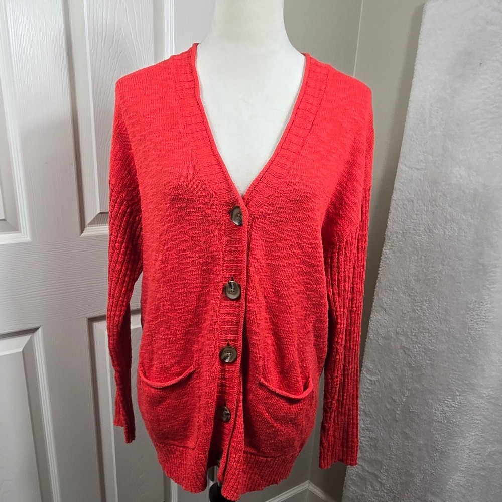 J. Jill Women's Small Red Cotton Blend Button Front Cardigan Sweater Cozy Retro